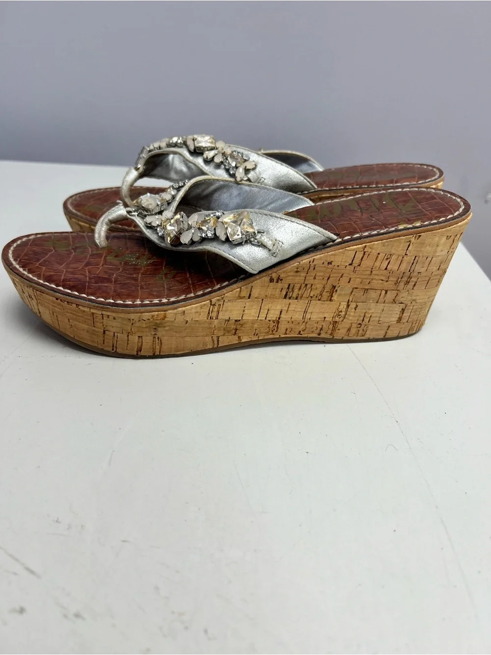Sam Edelman Silver Jeweled Cork Wedge Thong Sandals Women’s 7.5